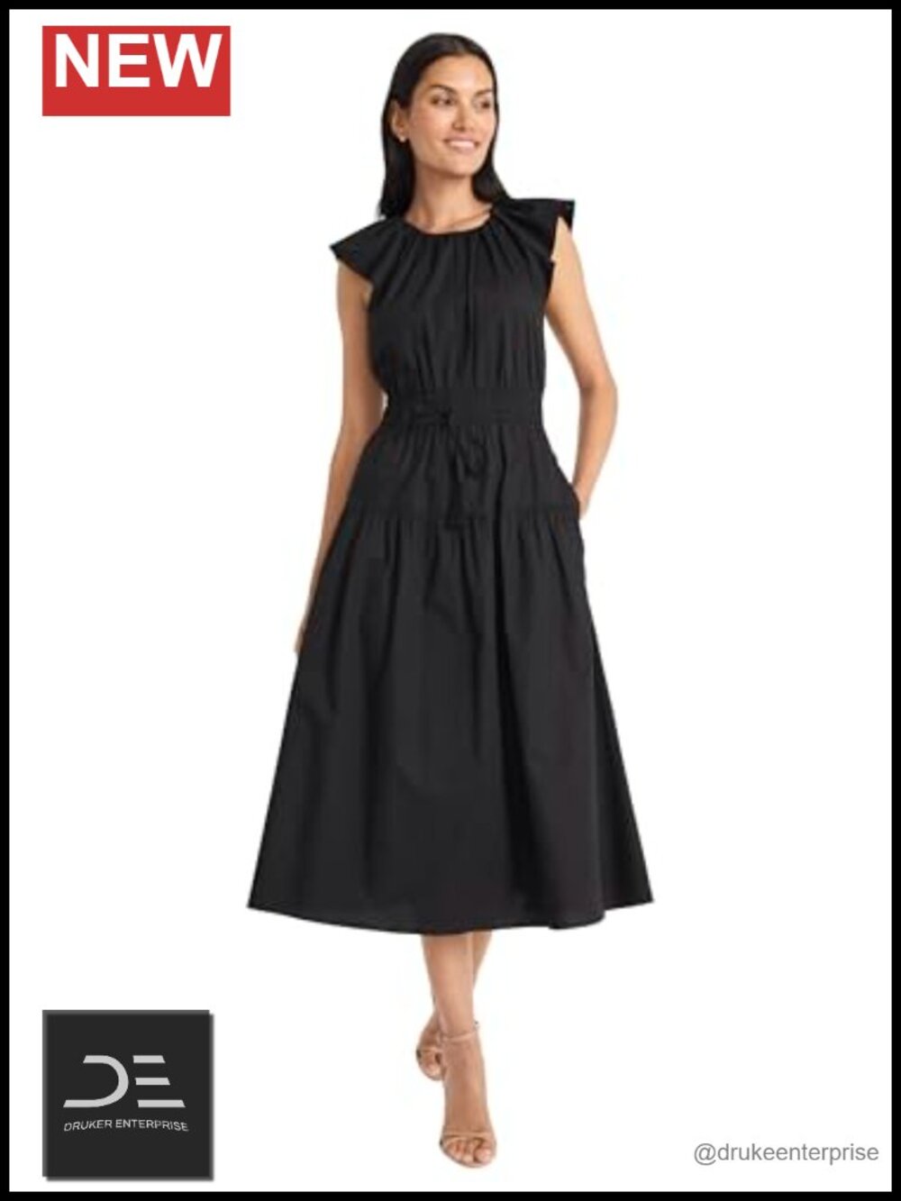 Maggy London Women's Elegant Midi A-line Dress - Smocked Waist Flutter Sleeve -